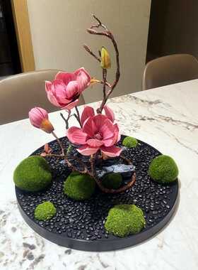 仿真花艺微造景观酒店圆形餐桌电动转盘中间摆放装饰假山盆景盘花