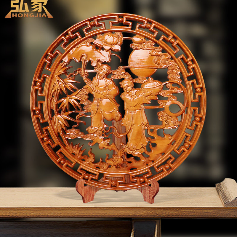 桃木和合二圣摆件客厅木雕工艺品实木中国风卧室玄关婚房装饰礼品