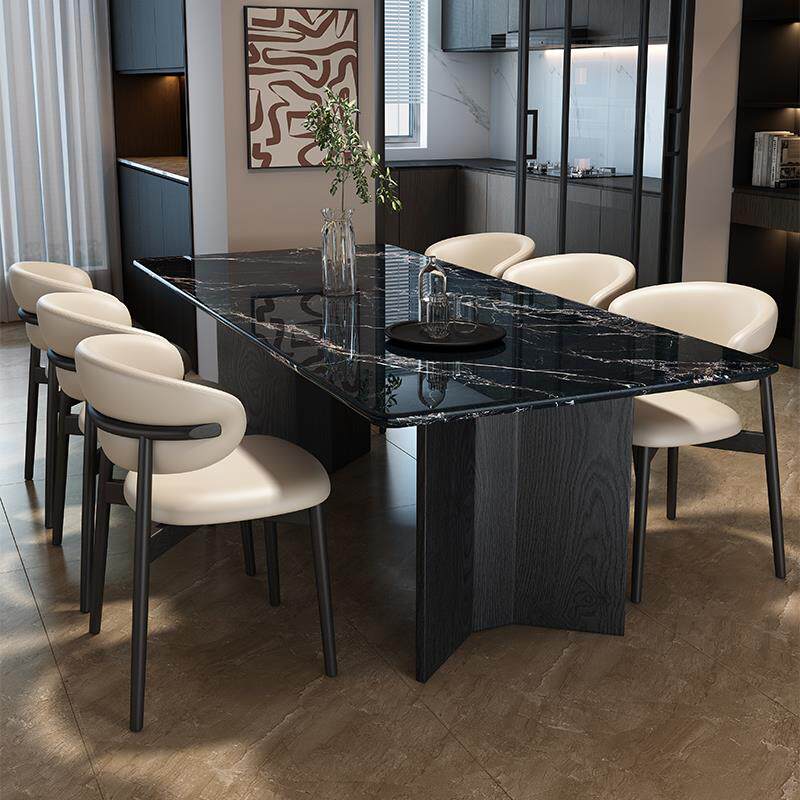 小户型意式极简纯黑色大理石长方形餐桌椅组合家用现代简约饭桌子