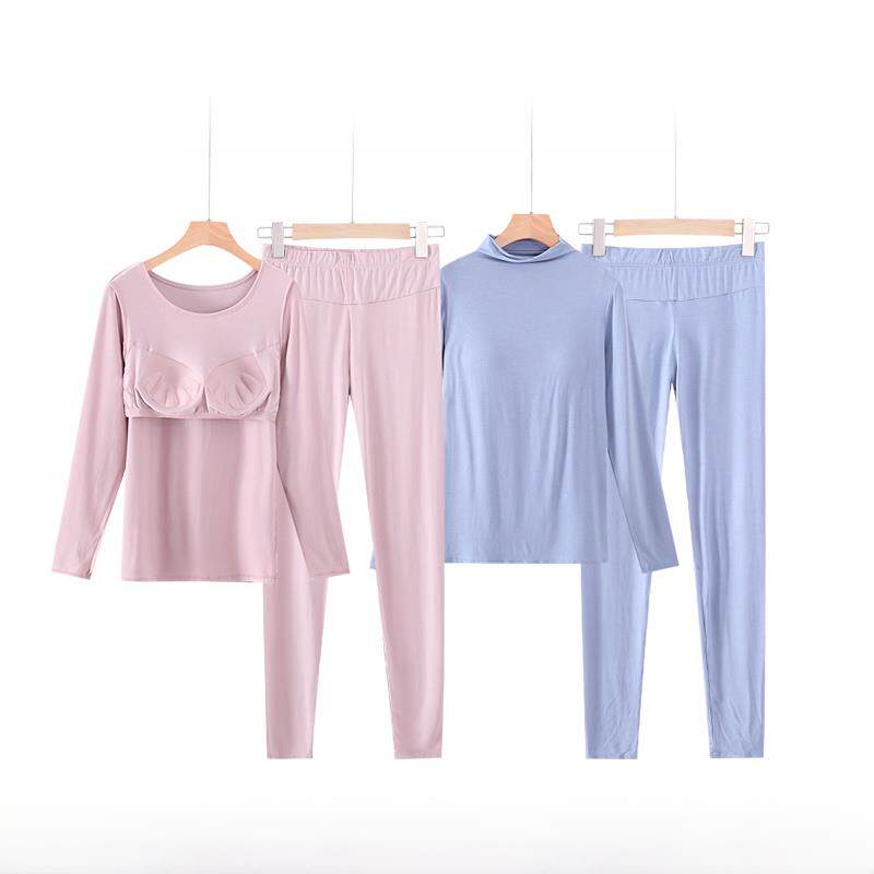 莫代尔女带胸垫秋衣秋裤睡衣长袖长裤薄款免文胸家居服套装两件套