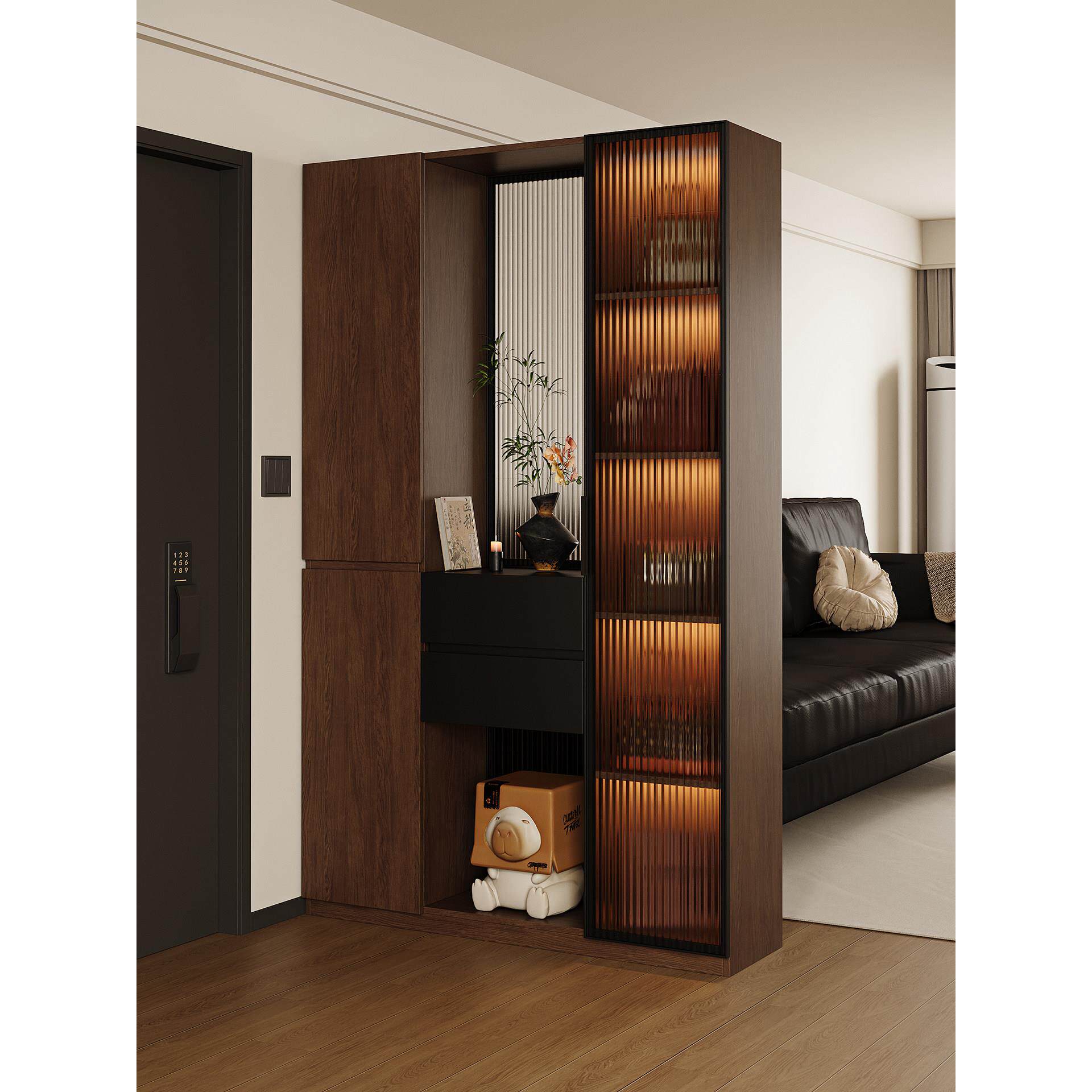 中古风入户玄关柜鞋柜一体靠墙家用玻璃屏风储物柜客厅隔断柜鞋架