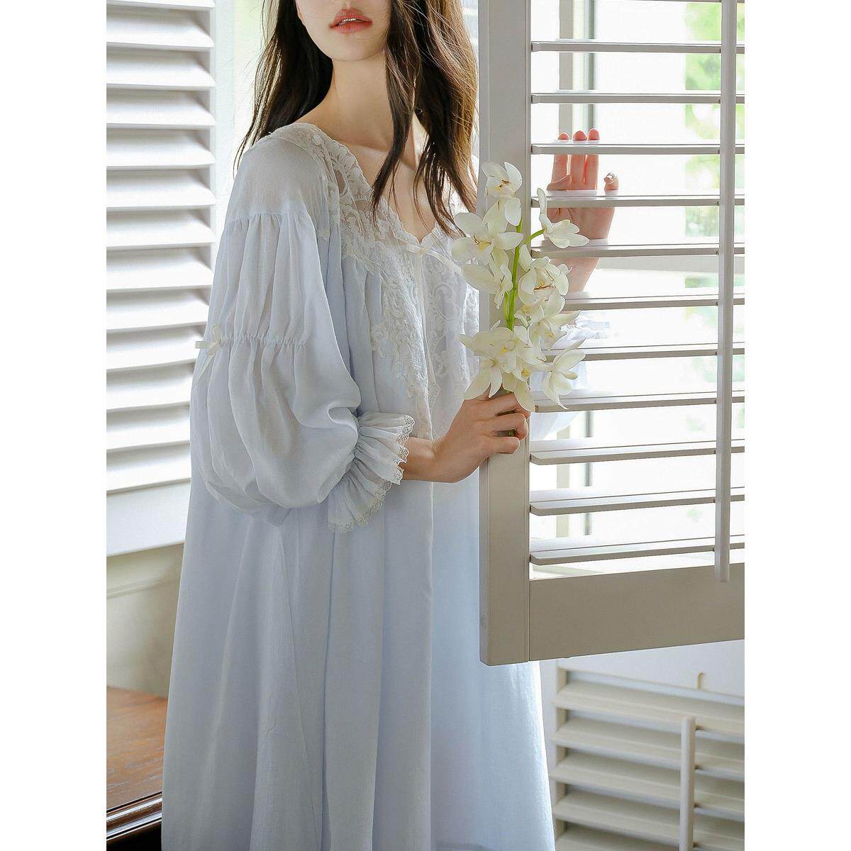 甜美可爱公主风睡裙女纯棉春秋季宫廷法式全棉睡衣新款家居服长裙