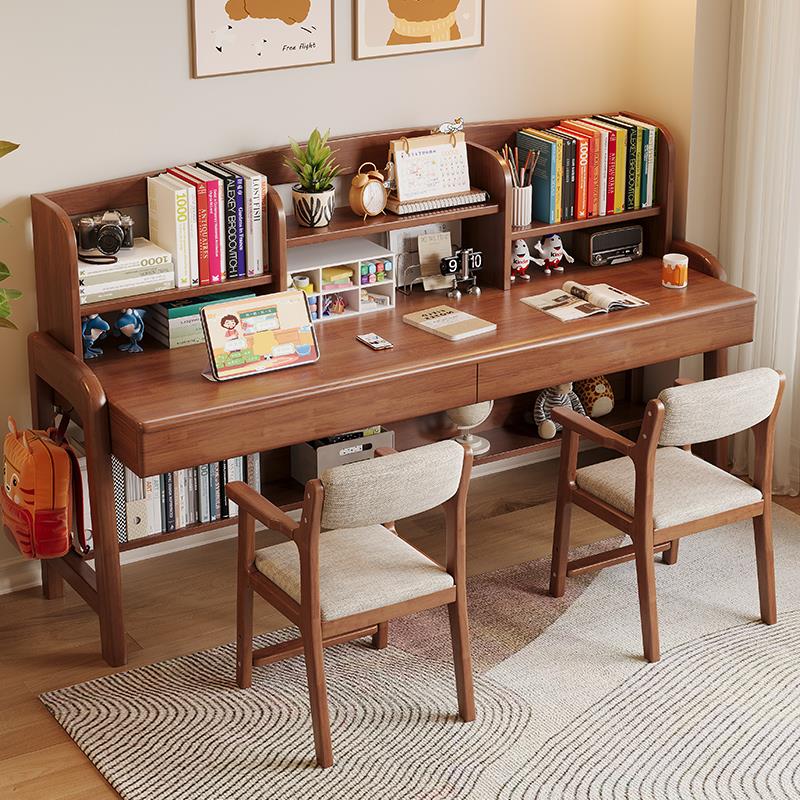 实木儿童书桌学生家用双人学习桌椅组合书架一体靠墙书桌可升降