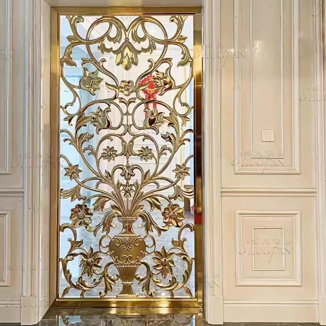铝板雕刻屏风浮雕不锈钢金属隔断镂空花格铝合金仿古铜玄关定制
