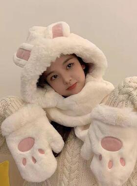 新款帽子围巾手套一体秋冬季兔耳朵猫爪毛绒帽子可爱三件套学生女