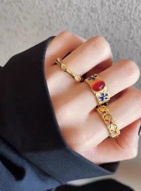 复古金色珐琅五叶竹节开口戒指