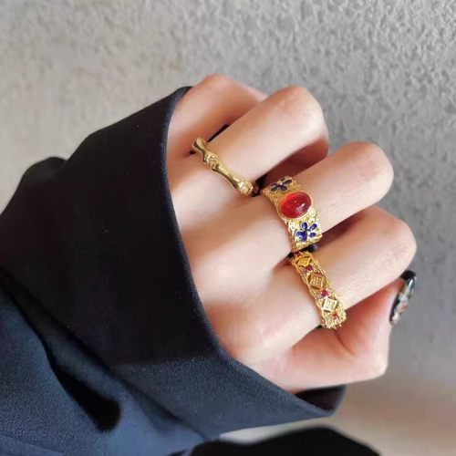 复古金色珐琅五叶竹节开口戒指