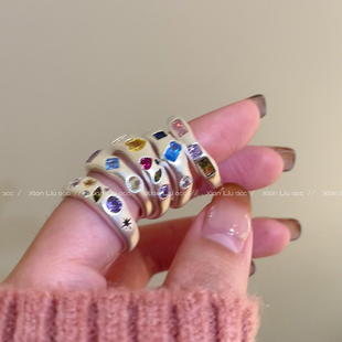 个性 爱心彩色锆石戒指女小众设计高级感食指戒时尚 开口可调节指环