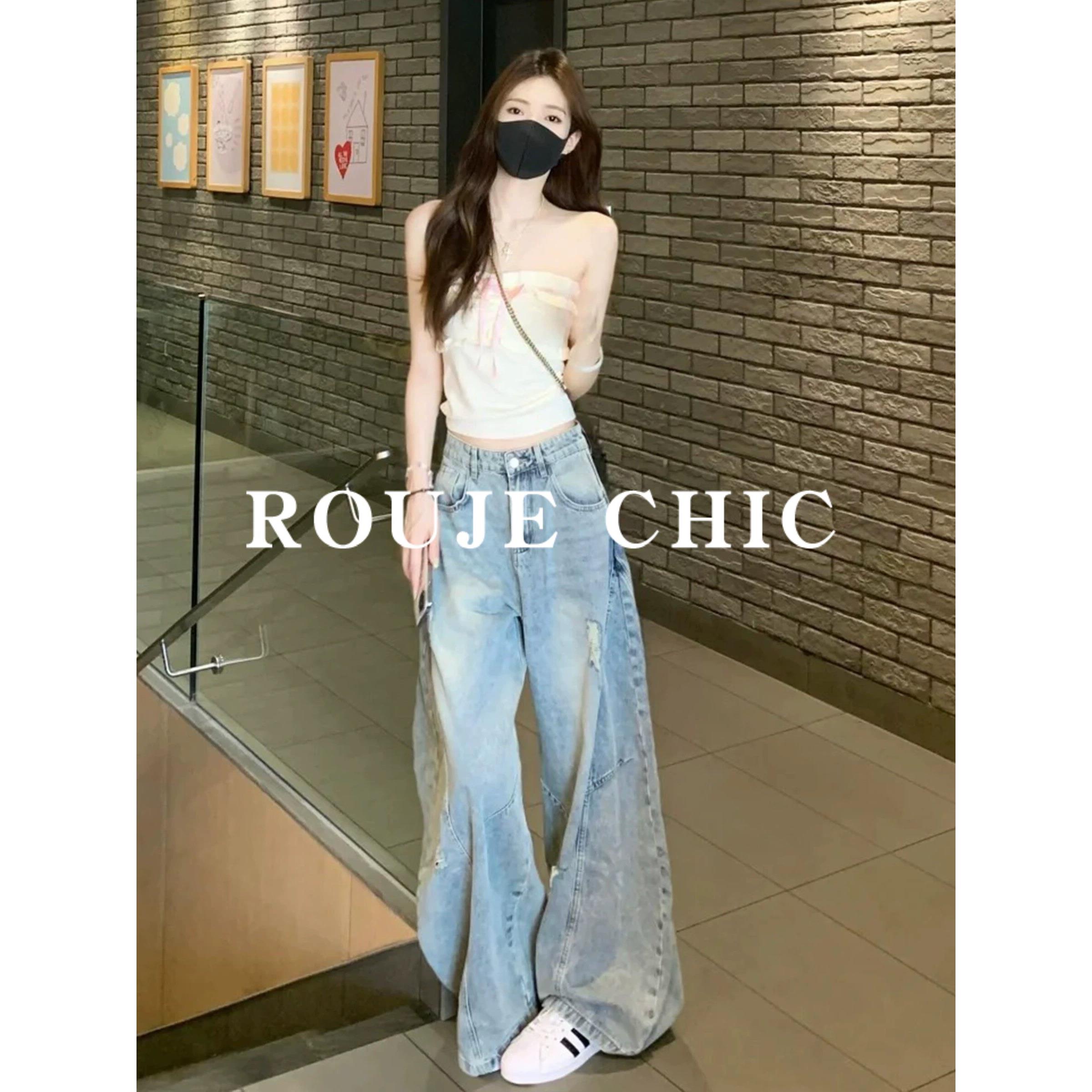 法国rouje chic复古浅色破洞阔腿牛仔裤女春季宽松垂感辣妹弯刀裤