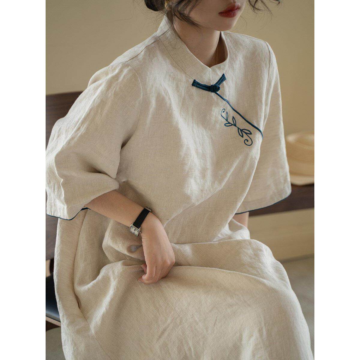 香港亚麻洋装2025新款女装胖mm大尺码茶服棉麻春夏中国风改良旗袍