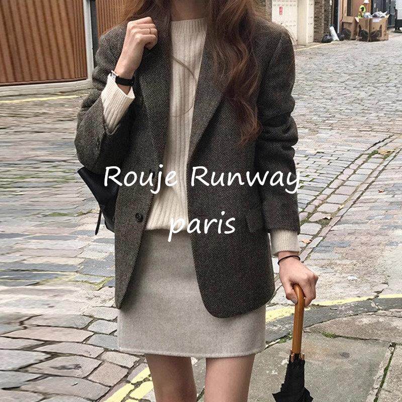 Rouje Runway羊毛呢小西装外套秋冬韩版宽松人字纹复古格子英伦风