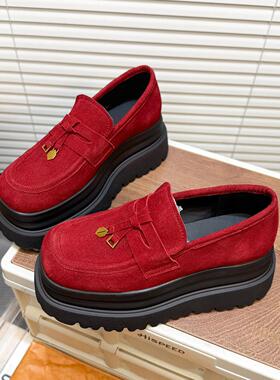 叁里复古风磨砂真皮厚底松糕乐福鞋女2026春季新款一脚蹬深口单鞋