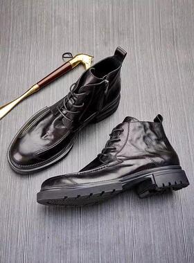 洛德蒙马丁靴男真皮加绒秋冬季高帮拉炼厚底圆头工装男士靴子轻奢