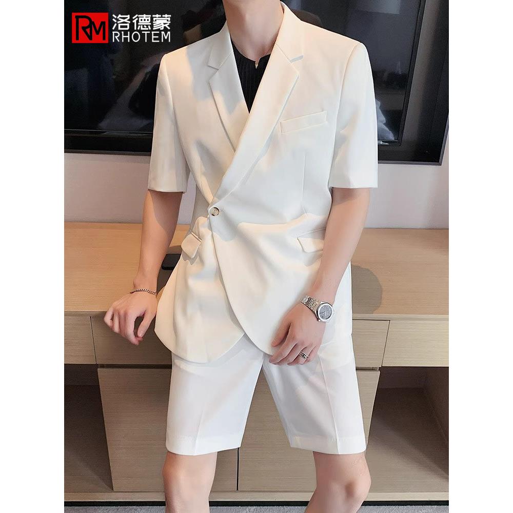 洛德蒙新款轻熟风休闲西服套装男薄款夏季短袖短裤时尚修身两件套