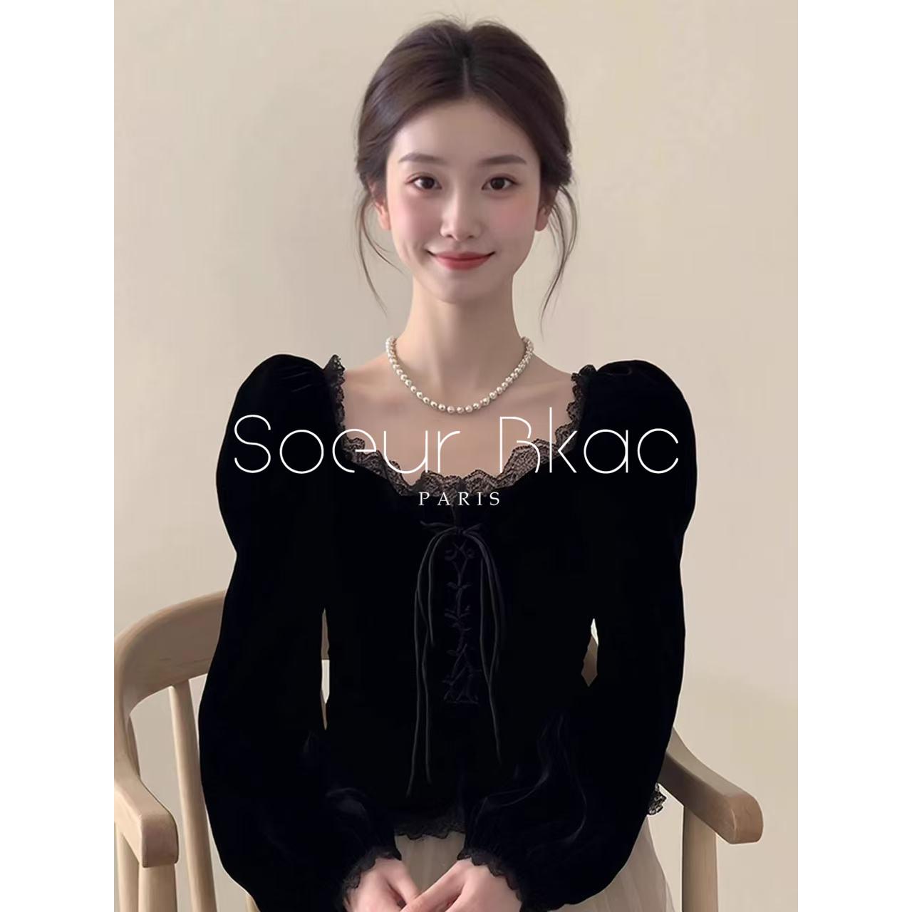 法国SOEUR BKAC春季法式黑色蕾丝泡泡袖丝绒上衣女高级感气质小衫