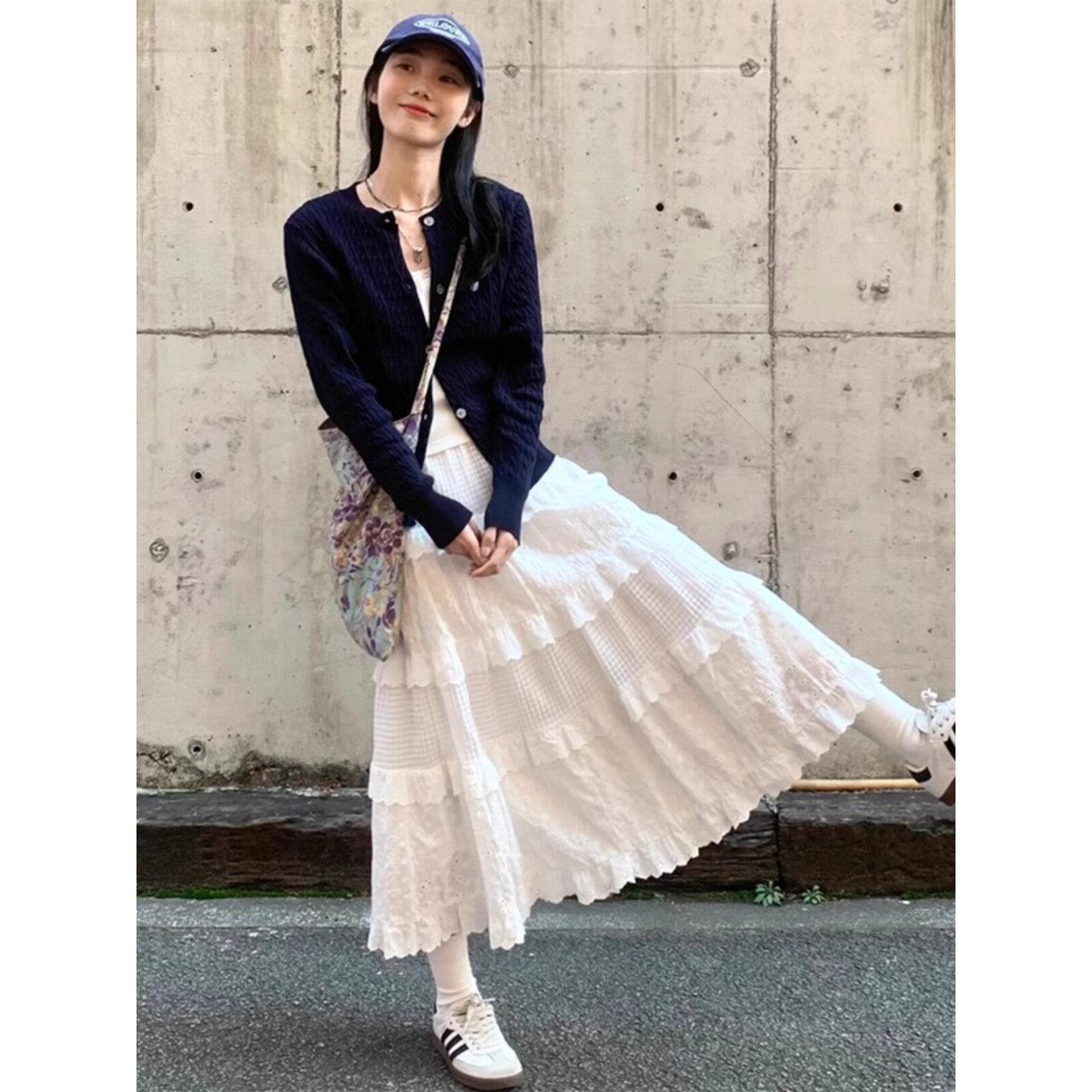 法国Rixo Kelly蕾丝蛋糕裙高腰显瘦芭蕾风轻奢小个子白色半身长裙