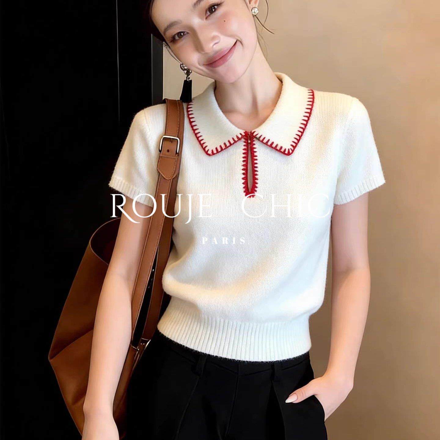 法国rouje chic法式白色POLO领短袖针织衫女夏季简约宽松软糯上衣