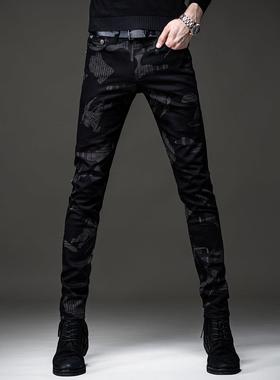 高端2024秋冬加绒黑色印花牛仔裤男潮牌修身小脚韩版潮流休闲裤男