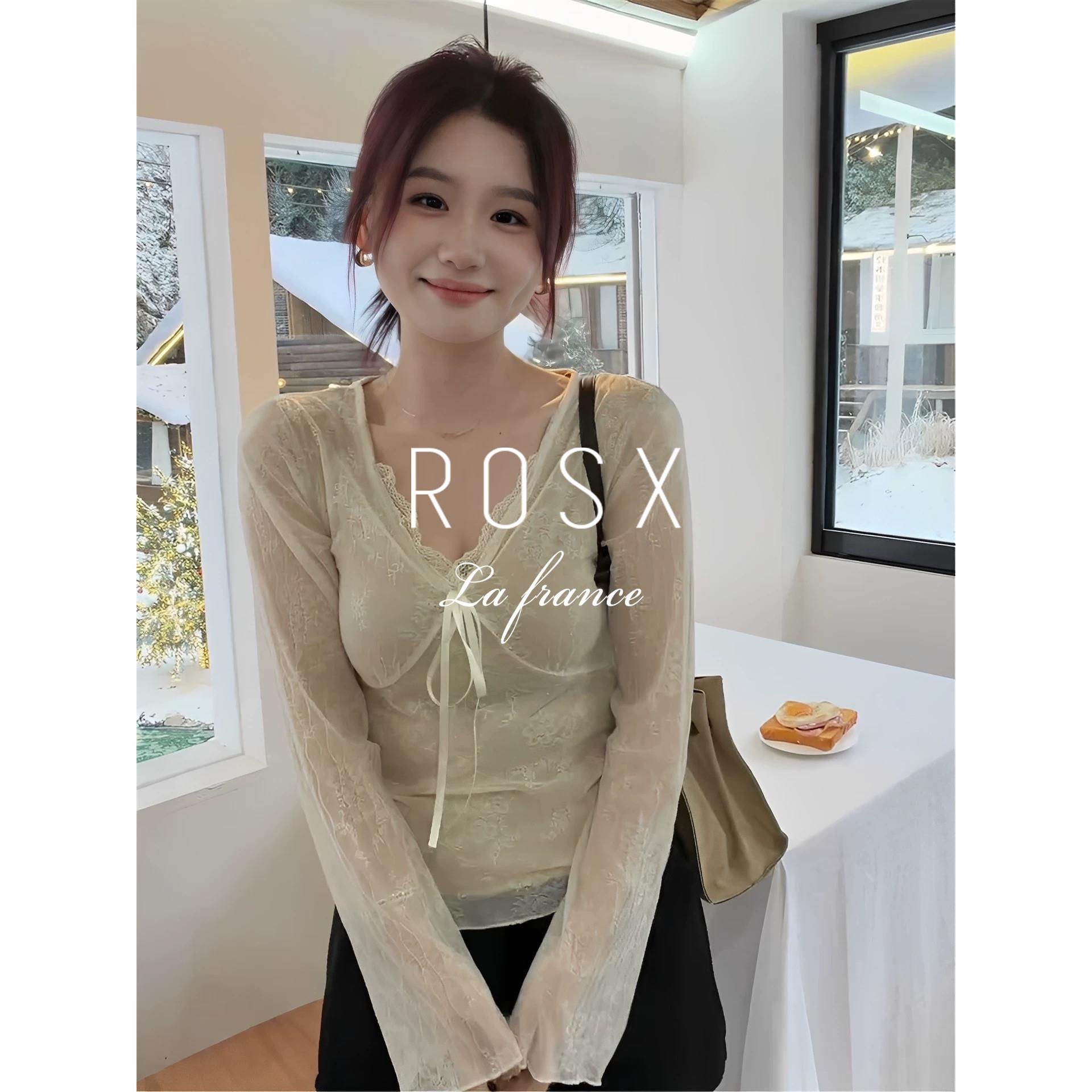 ROSX法式高级感蕾丝钩花V领打底衫女春季设计感小众内搭长袖上衣
