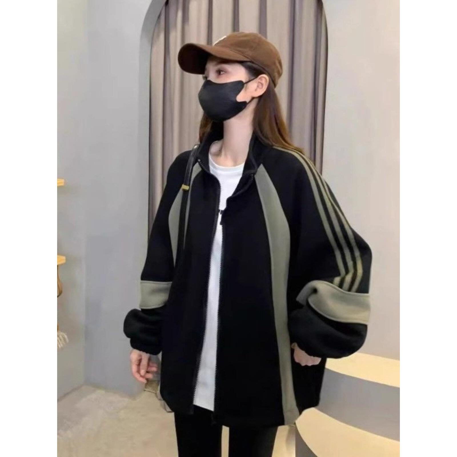 美式条纹宽松棒球服外套女2025春秋新款潮流慵懒风小个子拉炼卫衣