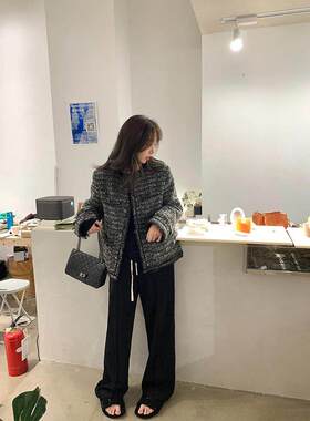 WFYO/黑灰色小香风毛呢外套女2025秋显瘦气质编织羊毛粗花呢上衣