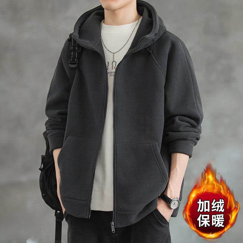 摇粒绒卫衣外套男士秋冬季加绒加厚保暖连帽休闲百搭男款开衫衣服