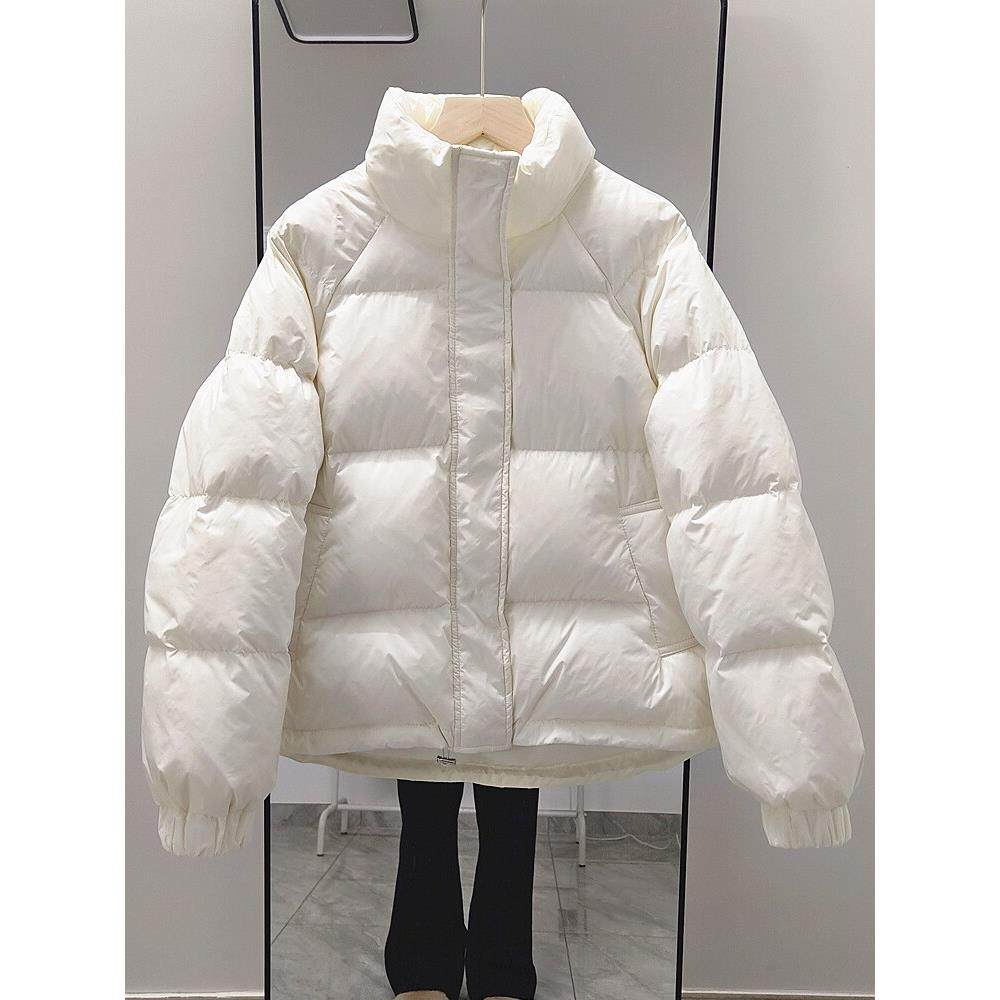 羽绒服女短款小个子2025冬季新款韩版白色立领面包服90白鸭绒外套