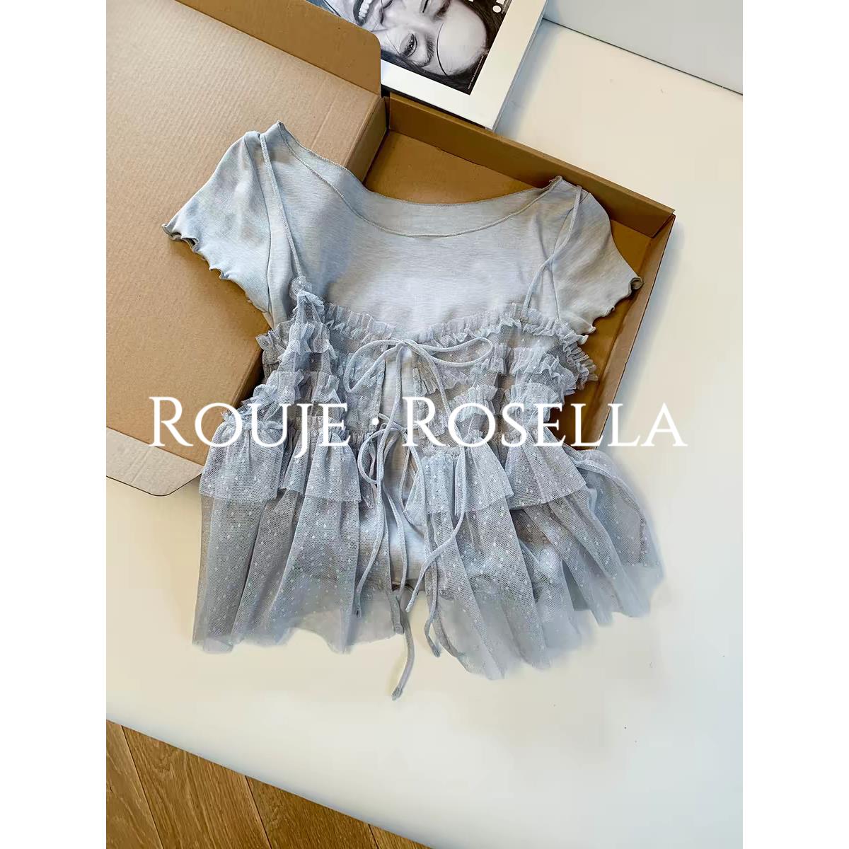 法国Rouje Rosella甜美减龄⭐蕾丝绑带网纱短袖女夏吊带T恤两件套