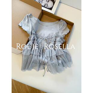 法国Rouje Rosella甜美减龄⭐蕾丝绑带网纱短袖女夏吊带T恤两件套