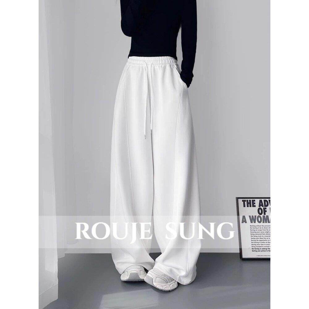 ROUJE SUNG~大码白色高腰显瘦阔腿裤女慵懒风宽松休闲运动卫裤