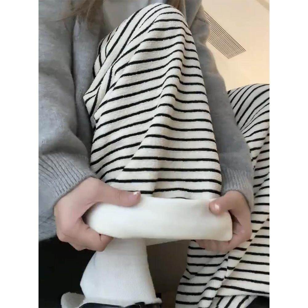 韩国加绒针织阔腿裤女春秋2025新款高腰垂感休闲黑白慵懒条纹裤冬,女装/女士精品,休闲裤,淘宝优惠券,粉丝福利购,淘宝优惠卷