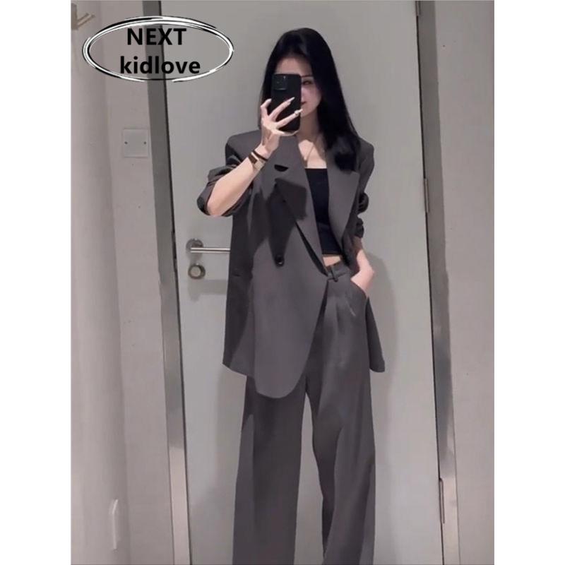 香港高级感灰色西装套装女春款时尚休闲职业西服外套阔腿裤两件套