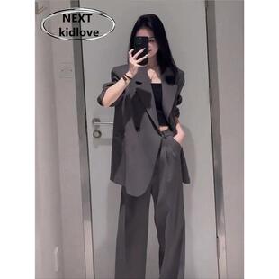 香港高级感灰色西装套装女春款时尚休闲职业西服外套阔腿裤两件套