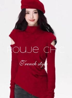法国rouje chic法式红色半高领加厚露肩针织衫毛衣女秋冬高级上衣