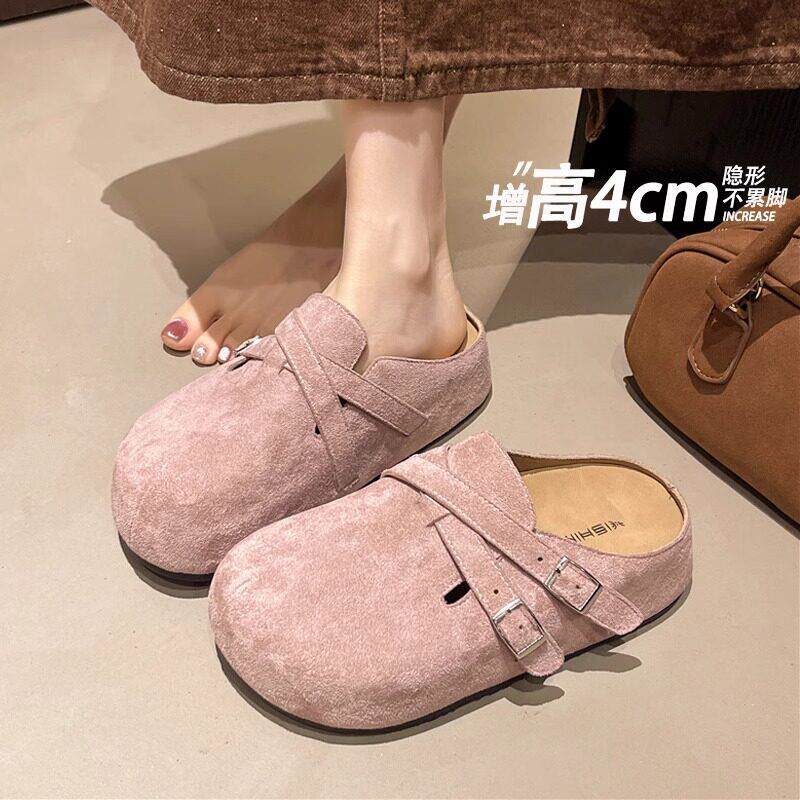 英国真皮厚底勃肯鞋半拖女秋冬2025新款超火增高软底粉色包头拖鞋
