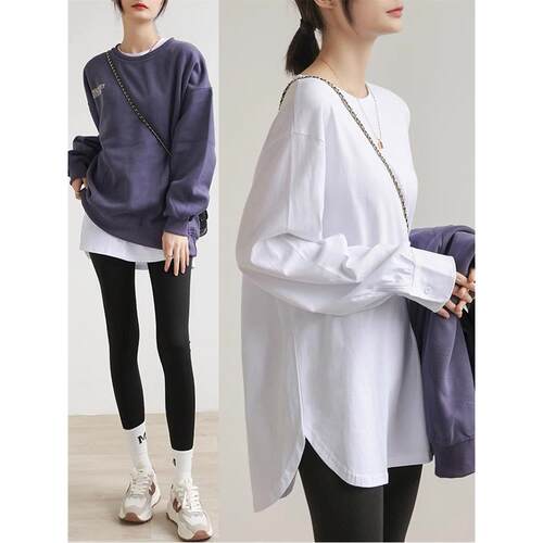 2025秋冬新款纯棉白色T恤女长袖中长款开叉高级感叠穿内搭打底衫