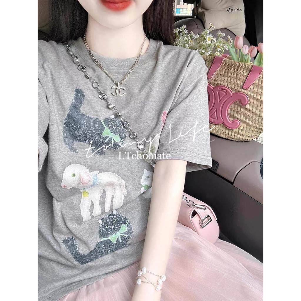 I.Tchooiate韩系百搭卡通印花短袖T恤女高腰粉色网纱半裙两件套