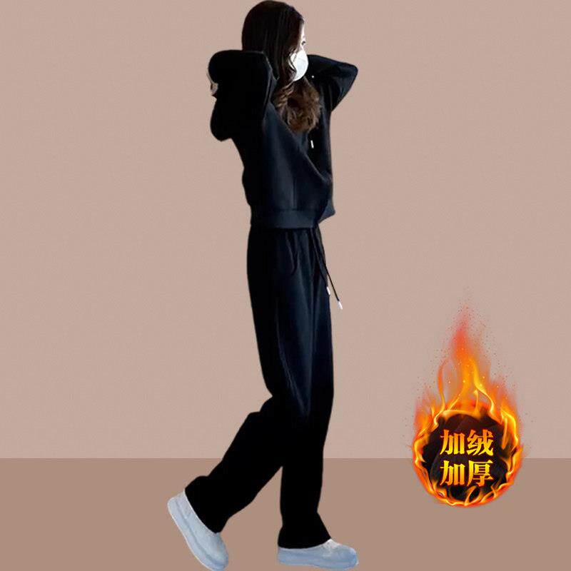 秋冬加绒加厚休闲运动服套装女士2026新款时尚两件套卫衣两件套潮