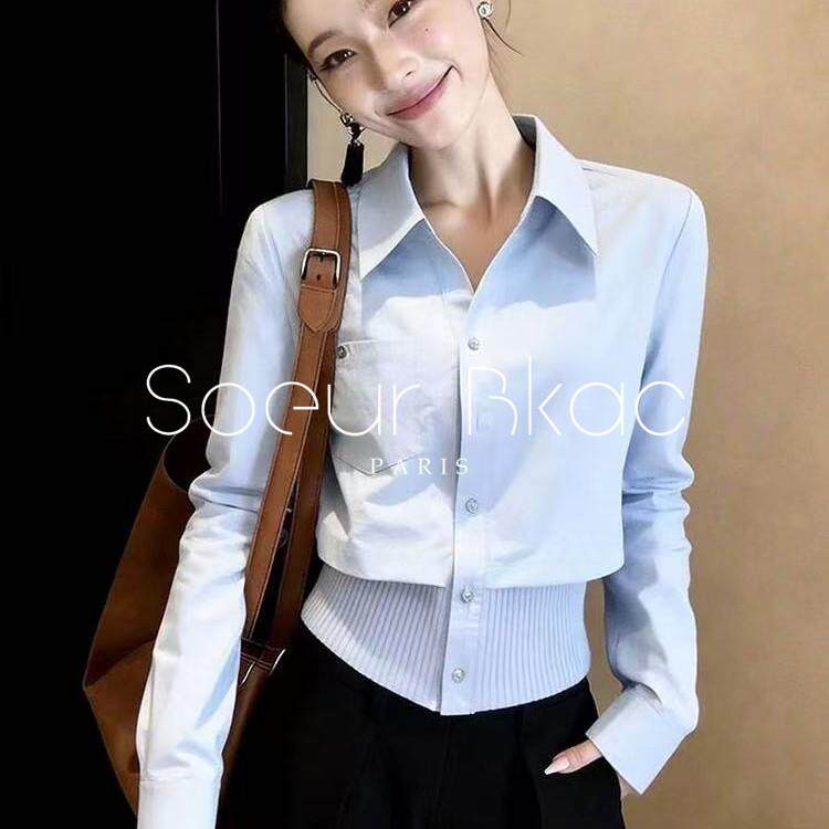 法国SOEUR BKAC春季法式减龄淡蓝色假两件衬衫女简约通勤百搭上衣