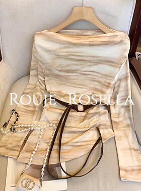 法国Rouje Rosella超绝一字肩扎染网纱长袖T恤女设计感小众上衣