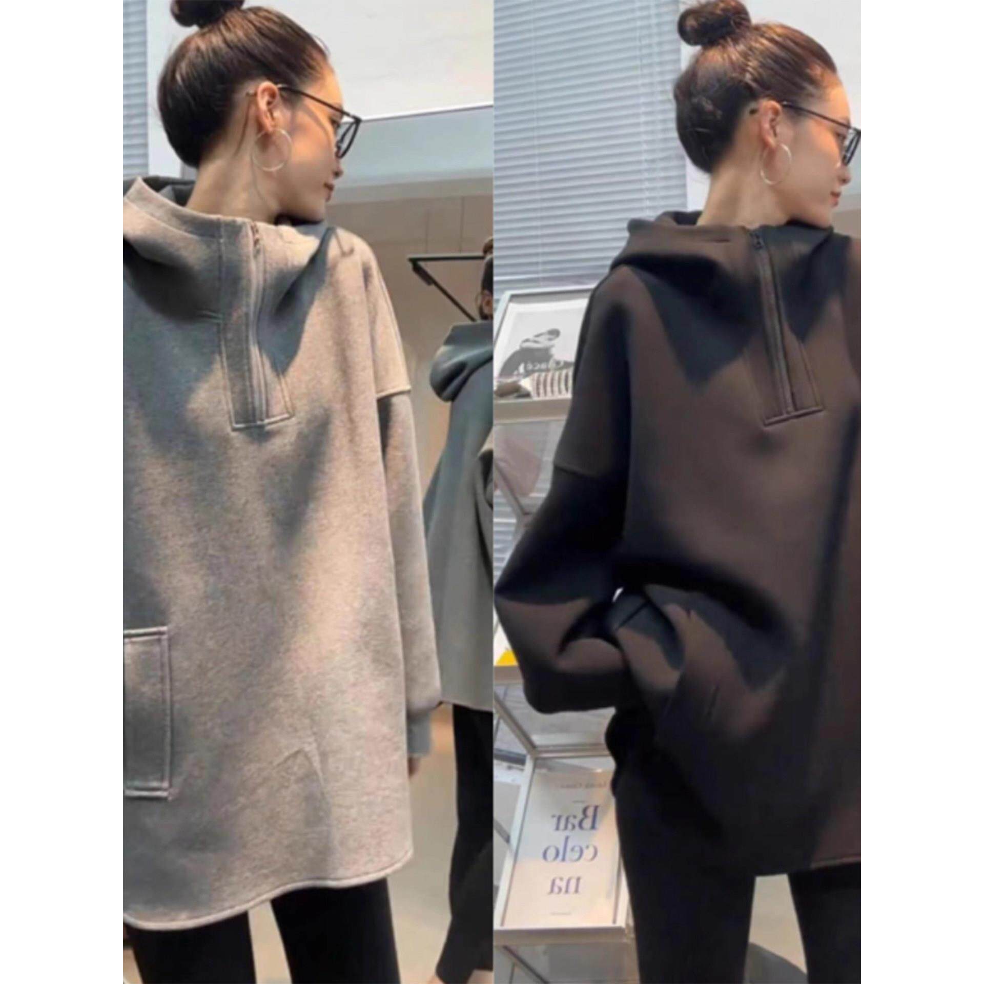 美式慵懒风半开领连帽卫衣女2025秋季新款中长款大版休闲帽衫上衣