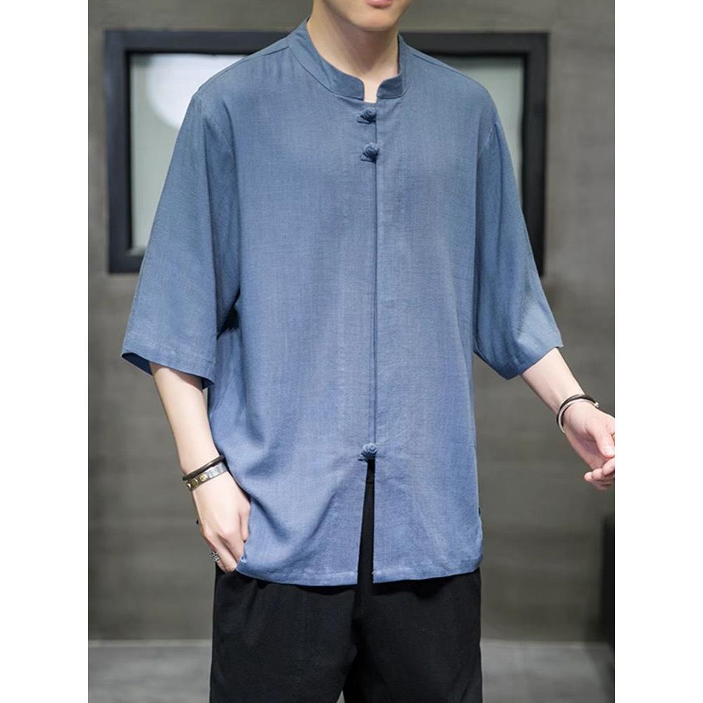 中式三分之袖亚麻衬衫2025春夏男士新款覆古宽松百搭唐装棉麻衬衫