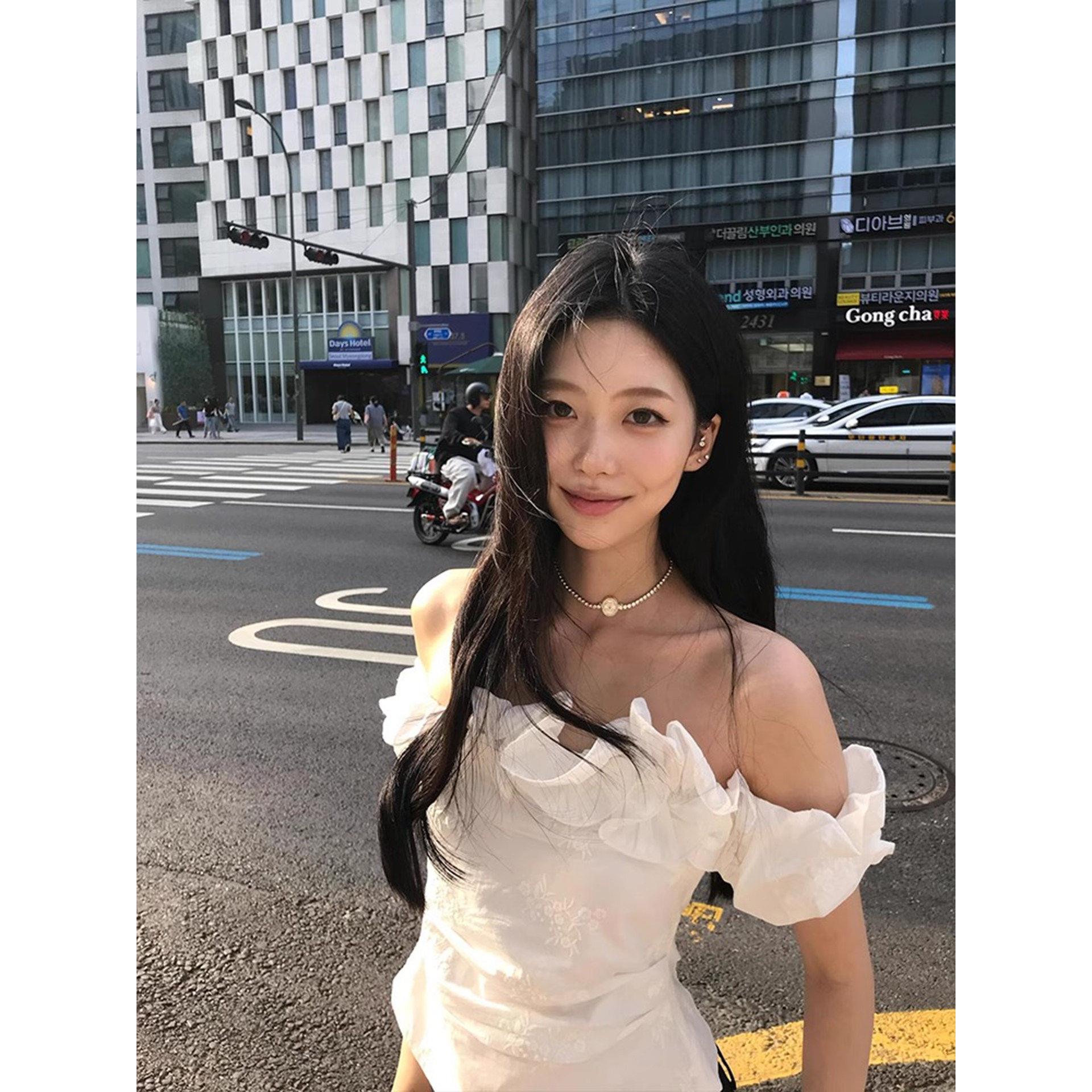 Rixo Kelly法式一字领斜肩短袖t恤女夏季修身荷叶边短款露肩上衣