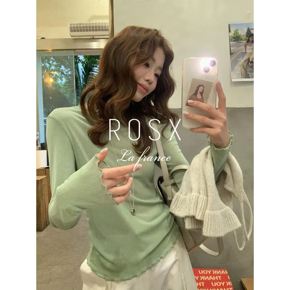 ROSX法式气质简约绿色木耳边长袖针织t恤女春季薄款外搭防晒罩衫