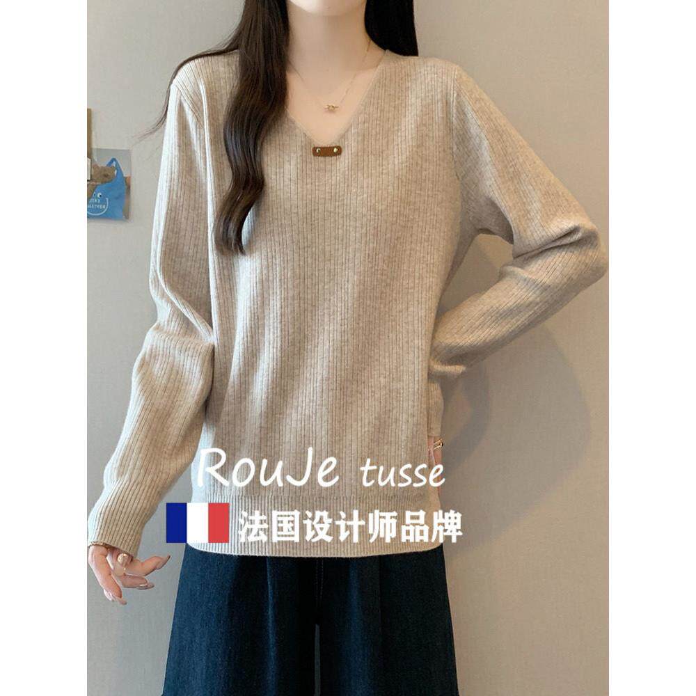 Rouje tusse正肩V领羊绒毛衣针织衫胖mm遮肚显瘦打底衫羊毛上衣