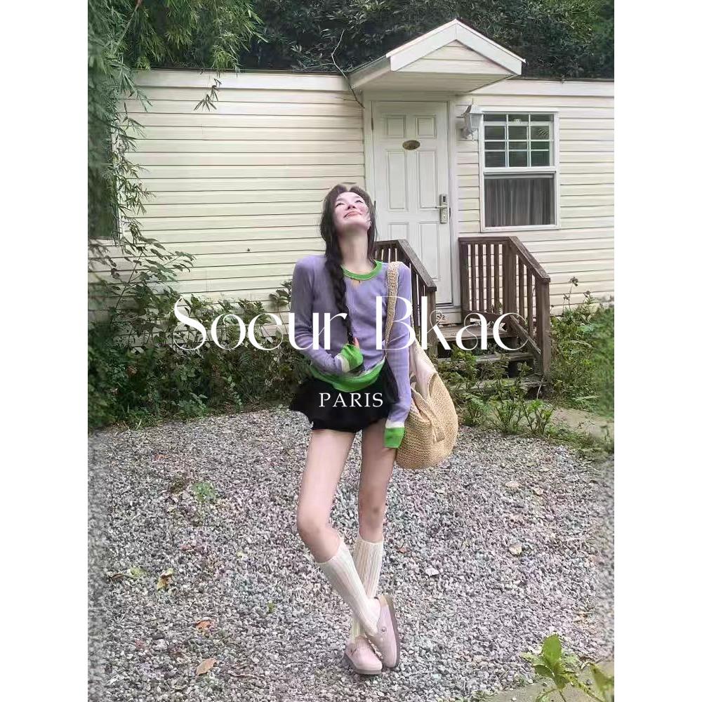 法国SOEUR BKAC秋季法式紫色多巴胺撞色条纹针织打底衫毛衣上衣女