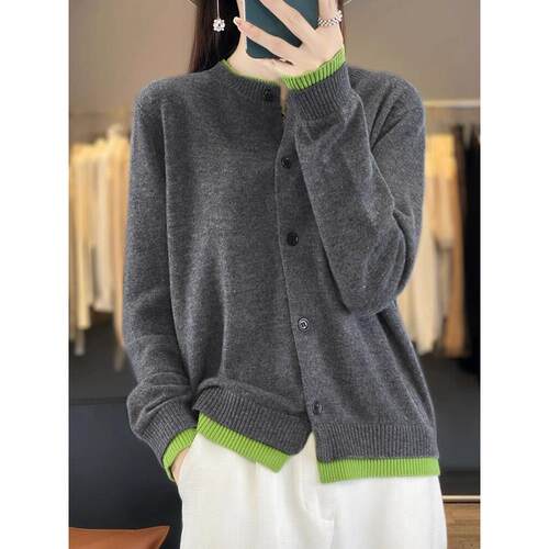 RAGR 女士休闲宽松针织减龄毛衣 秋冬新款圆领~拼色羊毛开衫外套