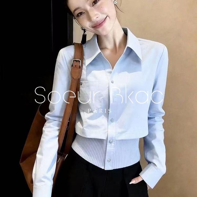 法国SOEUR BKAC春季法式减龄淡蓝色假两件衬衫女简约通勤百搭上衣
