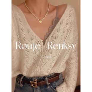 法国Rouje Renksy纯欲设计感镂空马海毛针织衫女秋冬小众薄款毛衣