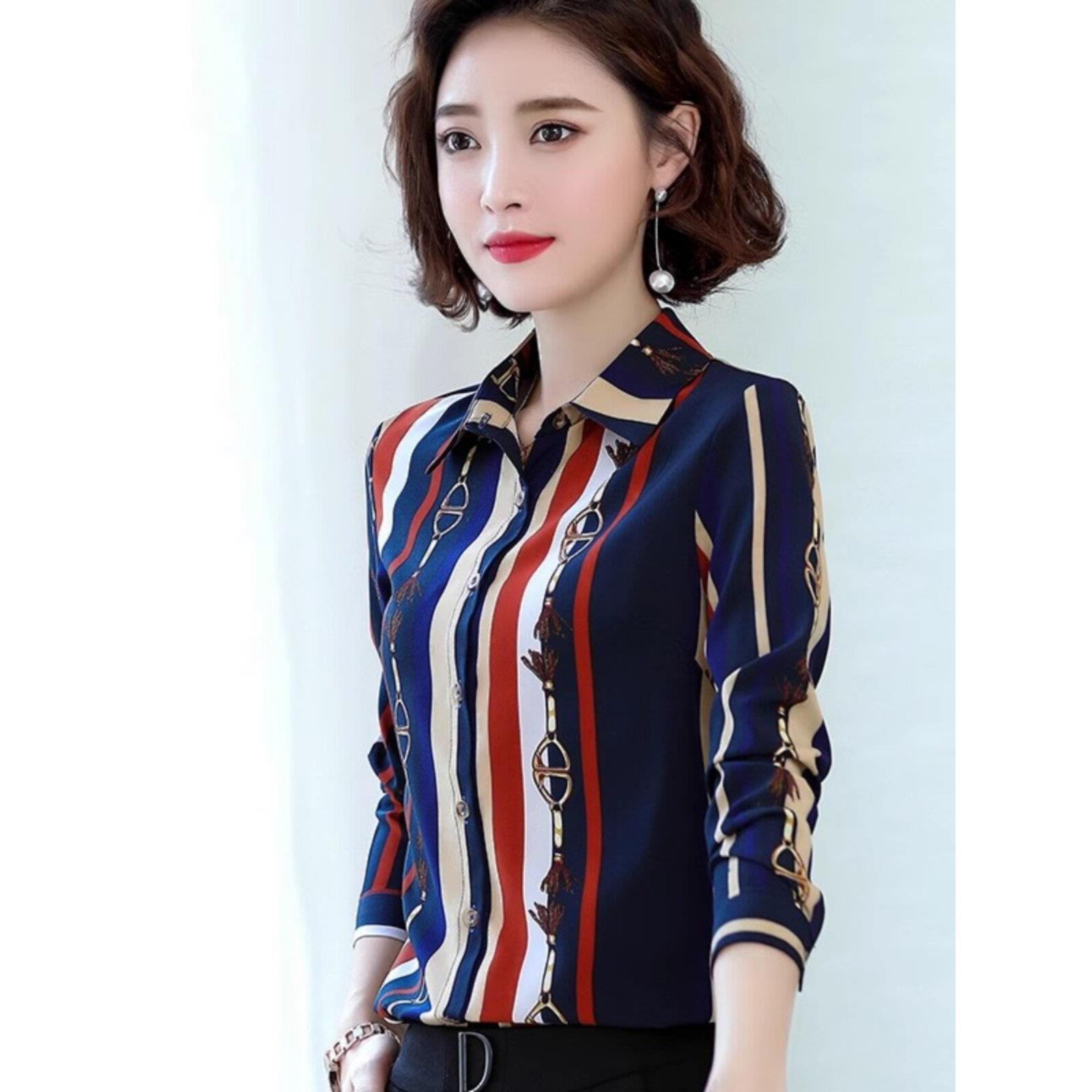 雪纺衬衫女长袖条纹2025春秋新款中年妈妈内搭印花洋气气质衬衣寸
